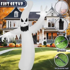 8FT Tall Halloween Inflatable Ghost with LED Lights & Red Disco Light, Blow Up Yard Decoration Outdoor Lawn Garden Party Decor with Built-in Blower, Stakes & Ropes