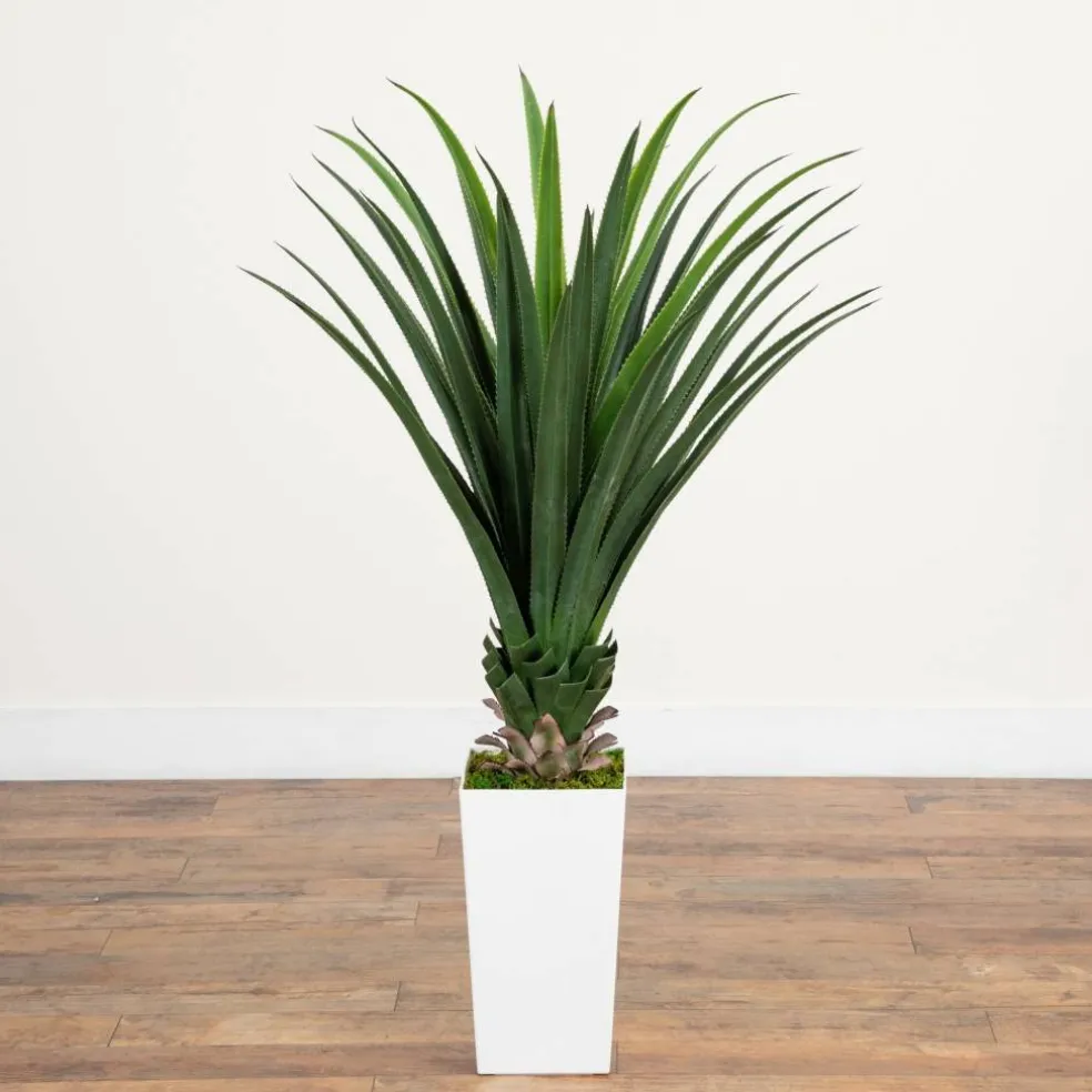 4ft. UV Resistant Artificial Spiked Agave Plant in White Tower Planter (Indoor/Outdoor)