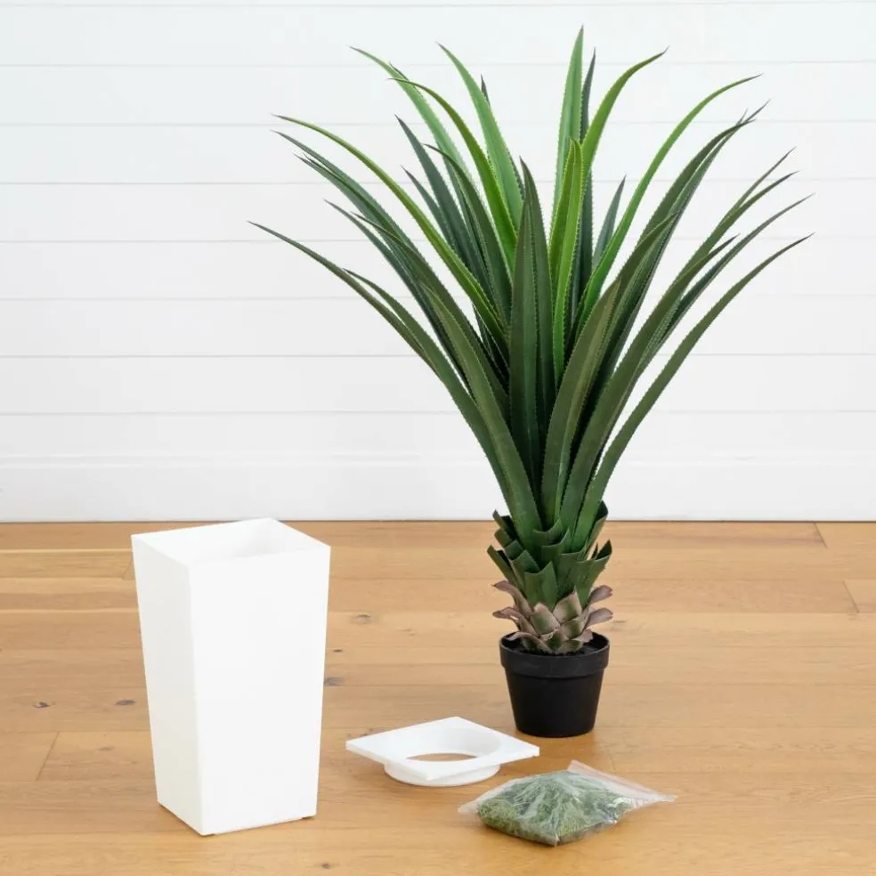 4ft. UV Resistant Artificial Spiked Agave Plant in White Tower Planter (Indoor/Outdoor)