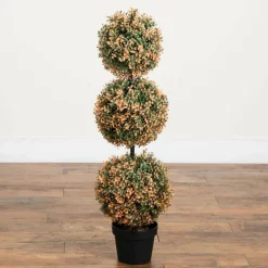 3ft. UV Resistant Autumn Triple Ball Boxwood Artificial Fall Topiary Tree with 30 Warm White LED Lights (Indoor/Outdoor)