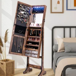 Full Length Jewelry Armoire Mirror with LED and Storage Shelves