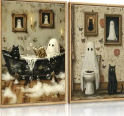 Funny Ghost Bathroom Wall Art 2 Piece Set, Spooky Ghost on Toilet and Cute Black Cat Canvas Poster, Gothic Halloween Dark Academia Wall Decor Prints for Bathroom Toilet Restroom Apartment