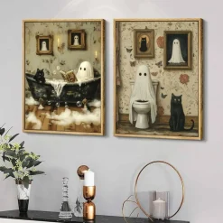 Funny Ghost Bathroom Wall Art 2 Piece Set, Spooky Ghost on Toilet and Cute Black Cat Canvas Poster, Gothic Halloween Dark Academia Wall Decor Prints for Bathroom Toilet Restroom Apartment