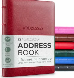 Gallery Leather Large Address Book with Alphabetical Tabs up to 480 records, Leather Notebook Hardcover, Telephone and Address Books - 9x7,