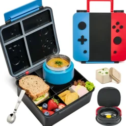 Game Bento Box for Kids, Lunch Box with Thermo(9oz Food Jar), Folding Spoon, Removable Divider & Sauce Cup, Lunch Box Kids for School,Travel, BPA-Free & Realistic Shape(Blue-Red)