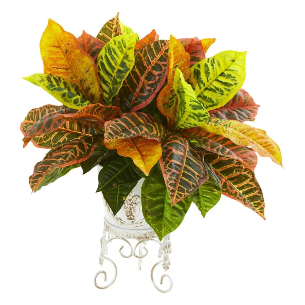 Garden Croton Artificial Plant in White Planter (Real Touch)
