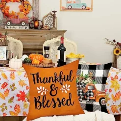 GEEORY Fall Decorative Throw Pillow Covers 18 x 18 Inch Set of 4, Pumpkins Thankful Blessed Buffalo Plaid Fall Decor Outdoor Farmhouse Pillow Cases for Home Couch (Orange Color) G337-18
