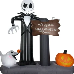 6' Gemmy Airblown Inflatable Jack Skellington & Zero "Welcome To Halloween Town" Sign Yard Decoration 223089