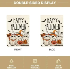 Ghost Happy Halloween Garden Flag, 12 x 18 Inch Double-Sided Outdoor Yard Flag with Spooky Ghost and Jack-O'-Lantern Design, Weather and Fade Resistant Halloween Garden Decor for Lawn, Porch, Patio and Garden