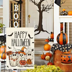 Ghost Happy Halloween Garden Flag, 12 x 18 Inch Double-Sided Outdoor Yard Flag with Spooky Ghost and Jack-O'-Lantern Design, Weather and Fade Resistant Halloween Garden Decor for Lawn, Porch, Patio and Garden