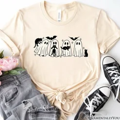 Ghosts and Cats Spooky T-Shirt, Whimsical Halloween Tee for Cozy Autumn Season