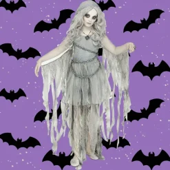 Girls Enchanted Ghost Gray Hooded Dress Costume with Chain Detail
