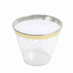 25 Glittered 9 oz Clear Plastic Disposable CUPS Gold Trim