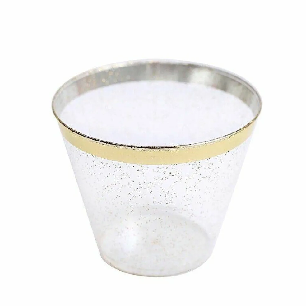 25 Glittered 9 oz Clear Plastic Disposable CUPS Gold Trim