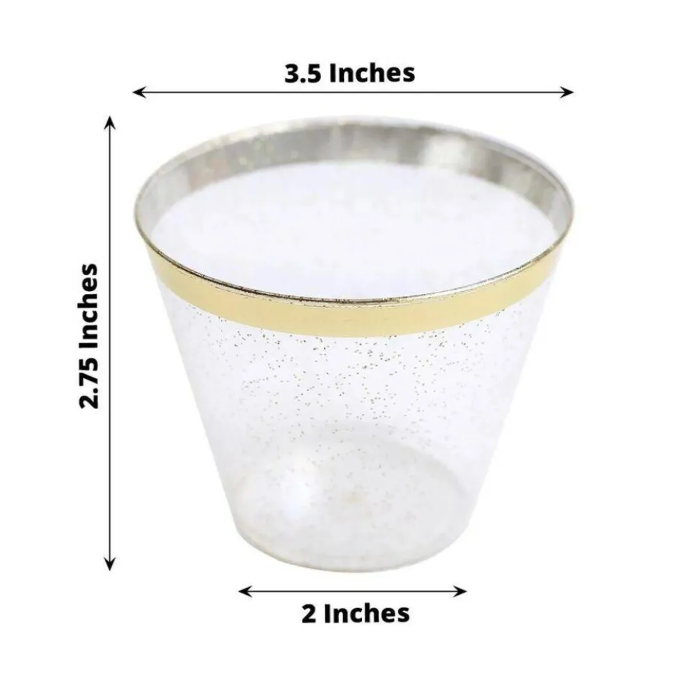 25 Glittered 9oz Plastic Cups with Gold Trim