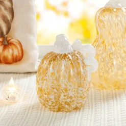 Glitzhome® Amber Dots Fall Pumpkin Glass Tabletop Accent