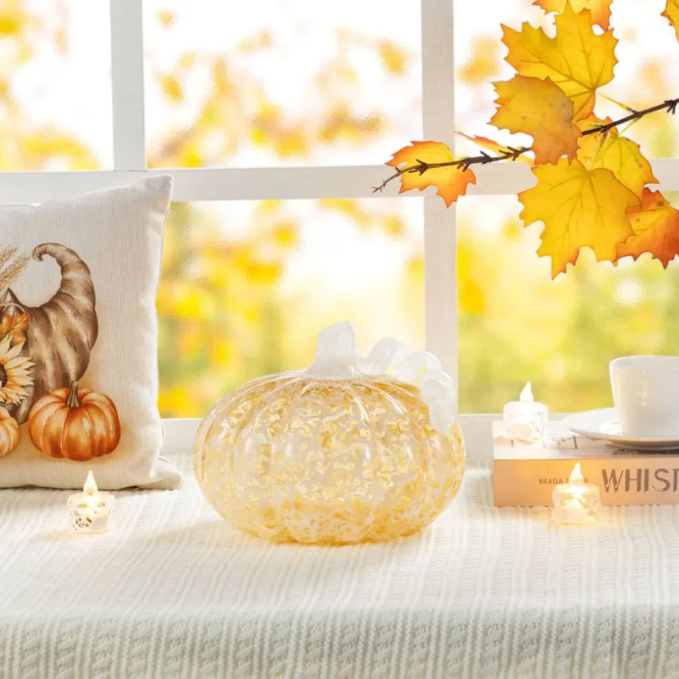Glitzhome® Amber Dots Fall Pumpkin Glass Tabletop Accent