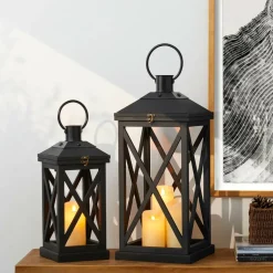 Glitzhome® Black Farmhouse Wood & Metal Lanterns Set