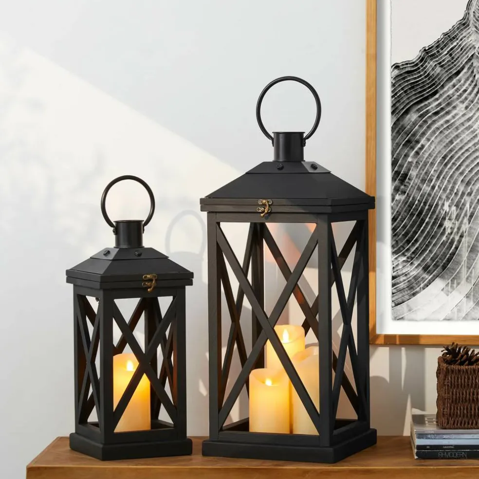 Glitzhome® Black Farmhouse Wood & Metal Lanterns Set