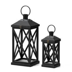 Glitzhome® Black Farmhouse Wood & Metal Lanterns Set