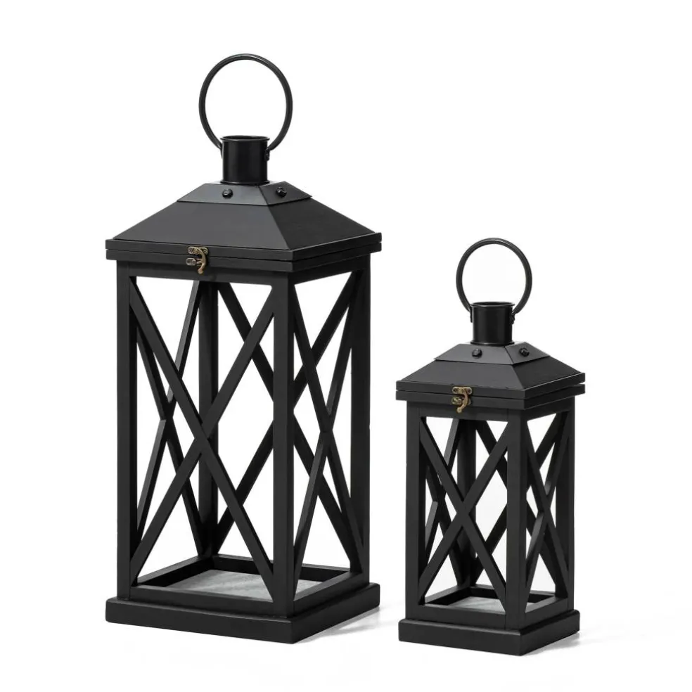 Glitzhome® Black Farmhouse Wood & Metal Lanterns Set