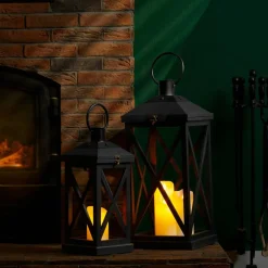 Glitzhome® Black Farmhouse Wood & Metal Lanterns Set