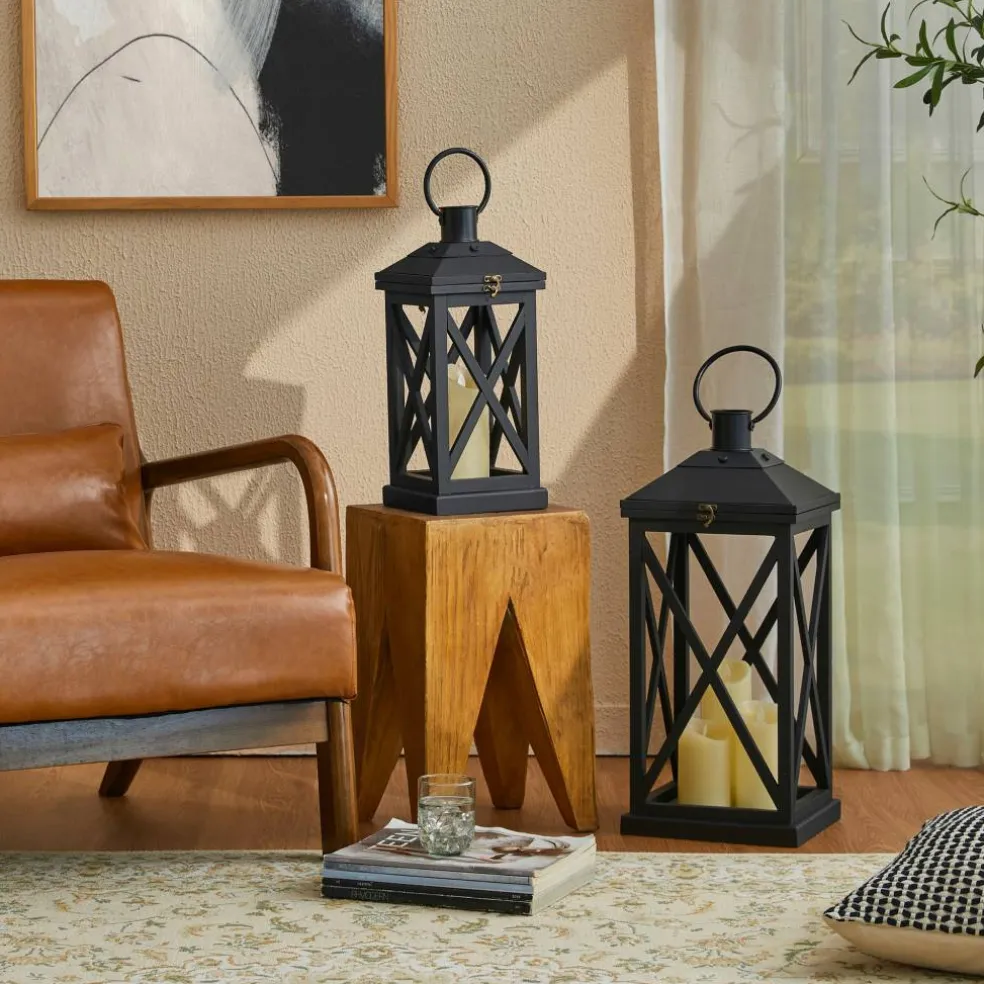 Glitzhome® Black Farmhouse Wood & Metal Lanterns Set