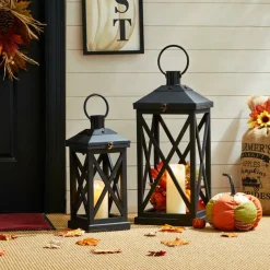 Glitzhome® Black Farmhouse Wood & Metal Lanterns Set