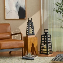 Glitzhome® Black Modern Trapezoid Metal & Wood Lanterns Set