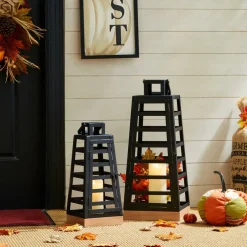 Glitzhome® Black Modern Trapezoid Metal & Wood Lanterns Set