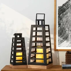 Glitzhome® Black Modern Trapezoid Metal & Wood Lanterns Set
