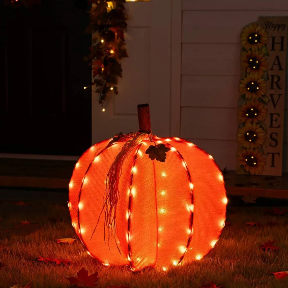 Glitzhome® 25" 3D Foldable Lighted Fall Pumpkin Outdoor Decor with 80 Golden LED Lights & Timer