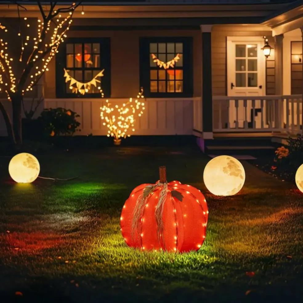 Glitzhome® 25" 3D Foldable Lighted Fall Pumpkin Outdoor Decor with 80 Golden LED Lights & Timer