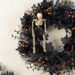 Glitzhome® 24"D Halloween Black Rose, Skeleton and Berry Wreath with Hanger
