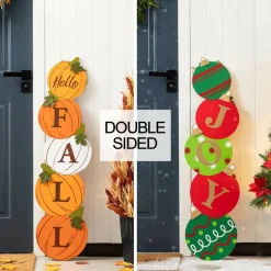 Glitzhome® 41.75" Fall and Christmas Double-Sided Wooden Pumpkin and Ornament Porch Sign