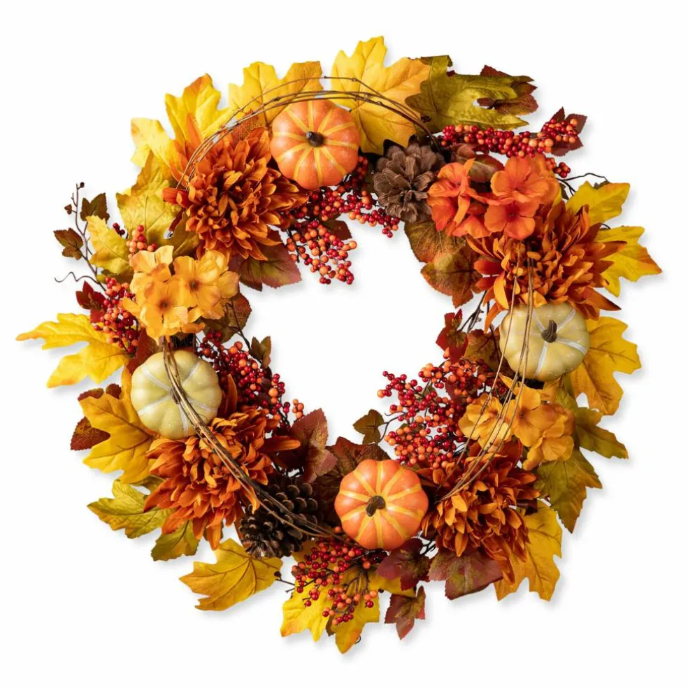 Glitzhome® 24" Fall Dahlia, Pumpkin, Leaf & Berry Wreath