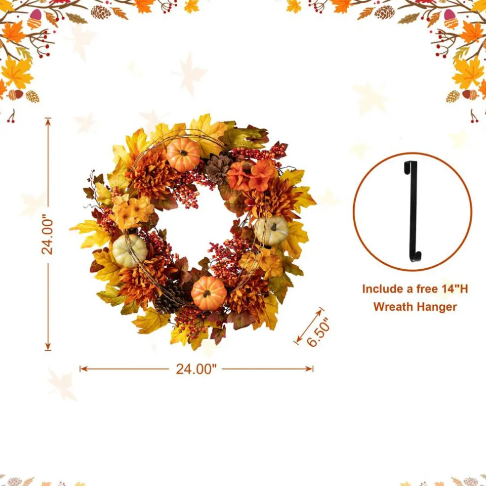 Glitzhome® 24" Fall Dahlia, Pumpkin, Leaf & Berry Wreath