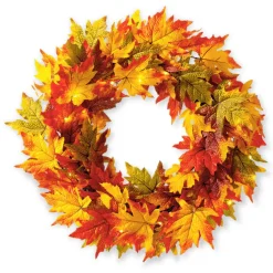 Glitzhome® 24" Fall Lighted Maple Leaves Wreath with Timer