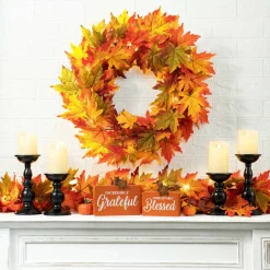 Glitzhome® 24" Fall Lighted Maple Leaves Wreath with Timer