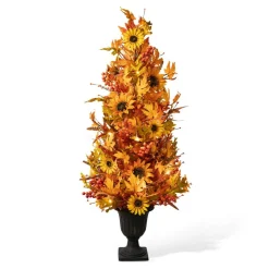 Glitzhome® 48" Fall Lighted Maple Leaf & Sunflower Urn Porch Tree with Timer