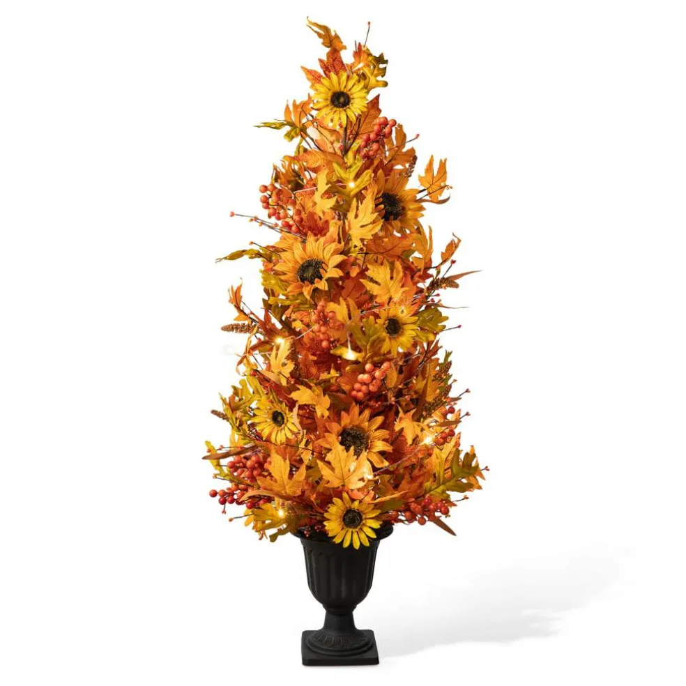 Glitzhome® 48" Fall Lighted Maple Leaf & Sunflower Urn Porch Tree with Timer