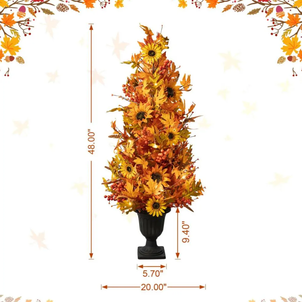 Glitzhome® 48" Fall Lighted Maple Leaf & Sunflower Urn Porch Tree with Timer