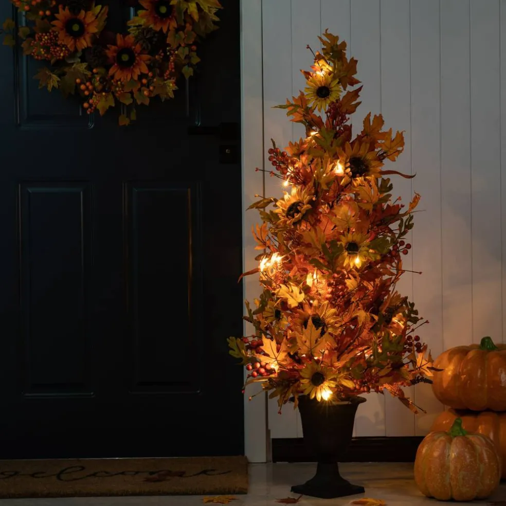 Glitzhome® 48" Fall Lighted Maple Leaf & Sunflower Urn Porch Tree with Timer