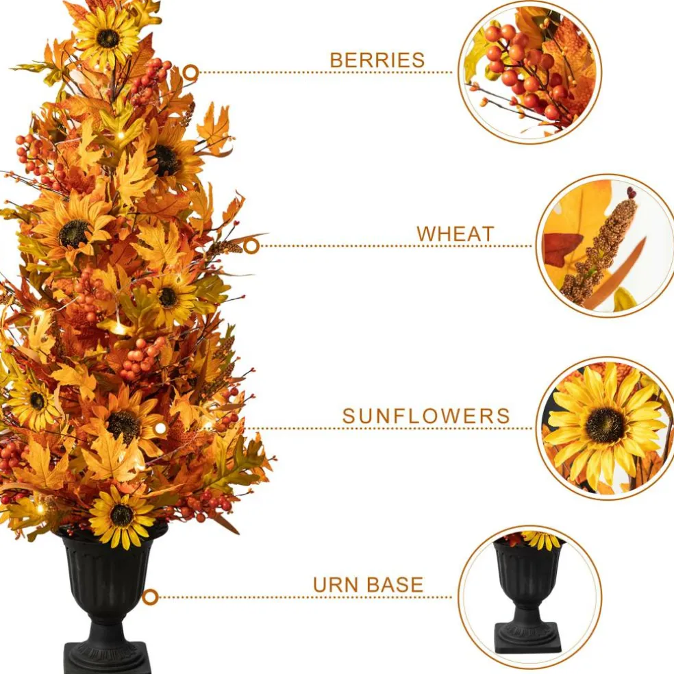 Glitzhome® 48" Fall Lighted Maple Leaf & Sunflower Urn Porch Tree with Timer