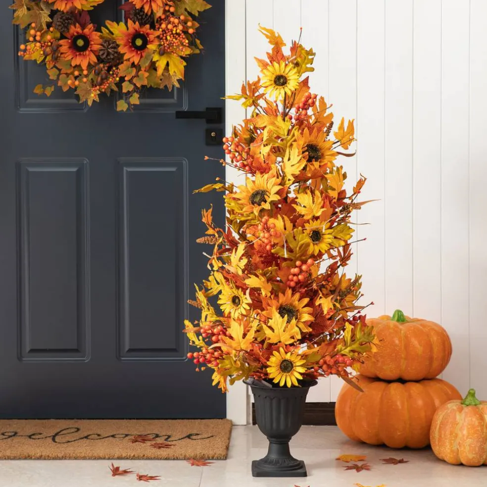 Glitzhome® 48" Fall Lighted Maple Leaf & Sunflower Urn Porch Tree with Timer