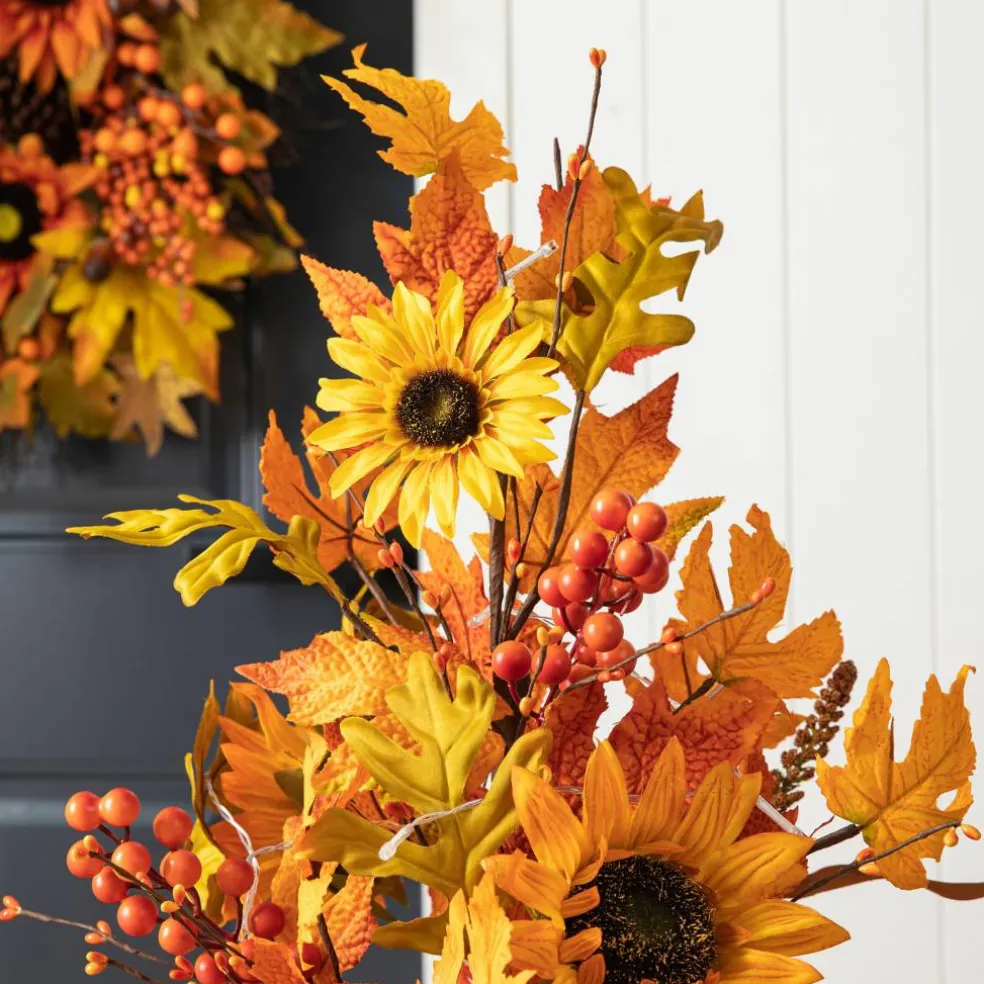Glitzhome® 48" Fall Lighted Maple Leaf & Sunflower Urn Porch Tree with Timer