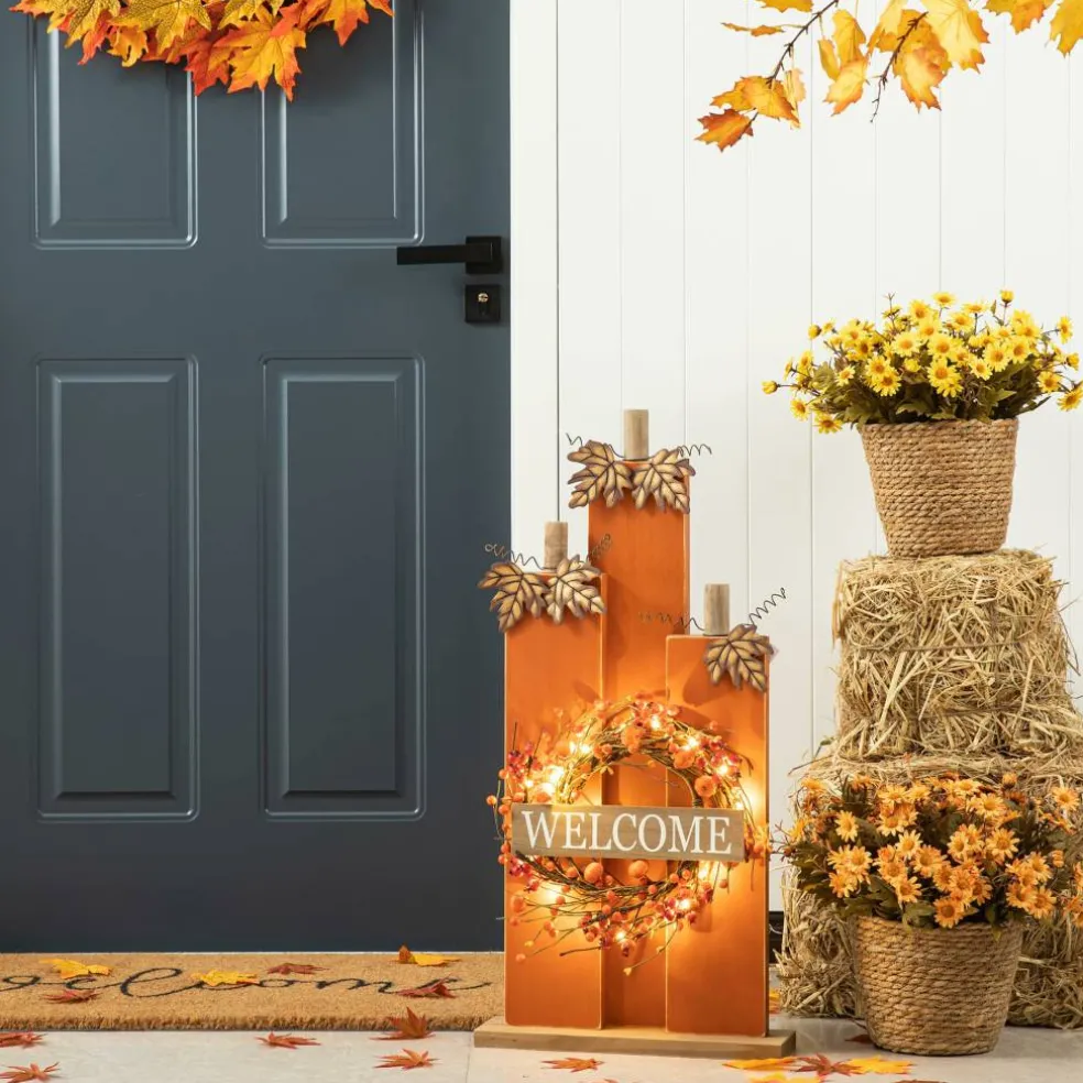 Glitzhome® 30" Fall Lighted Pumpkin & Wreath Décor with Timer