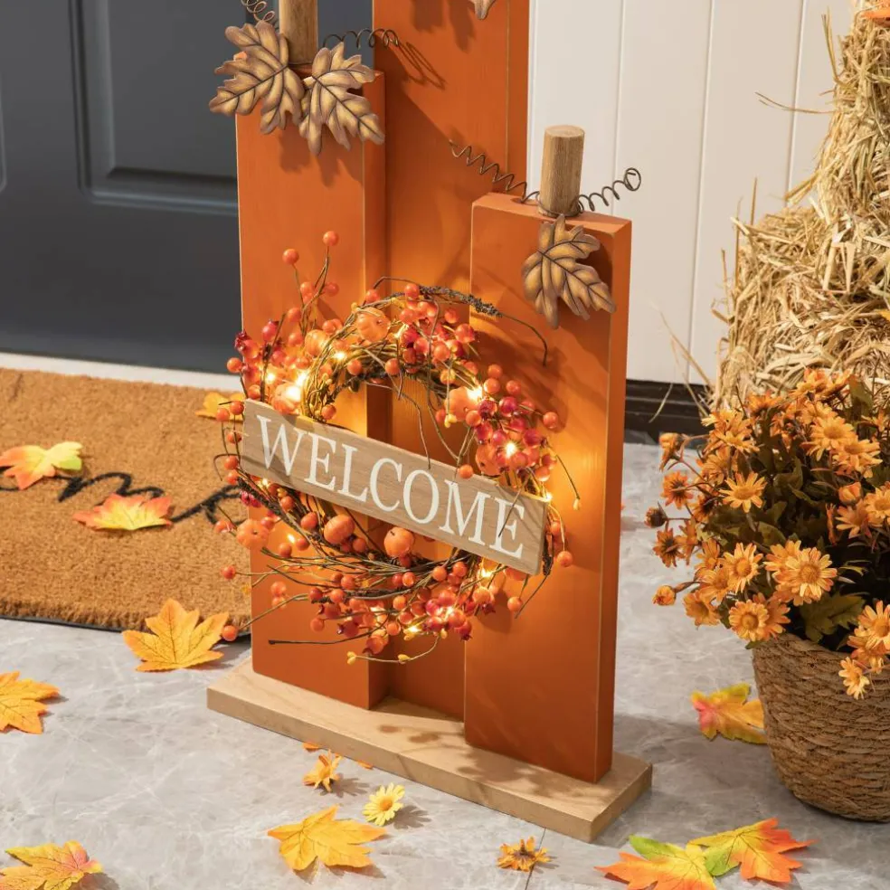 Glitzhome® 30" Fall Lighted Pumpkin & Wreath Décor with Timer