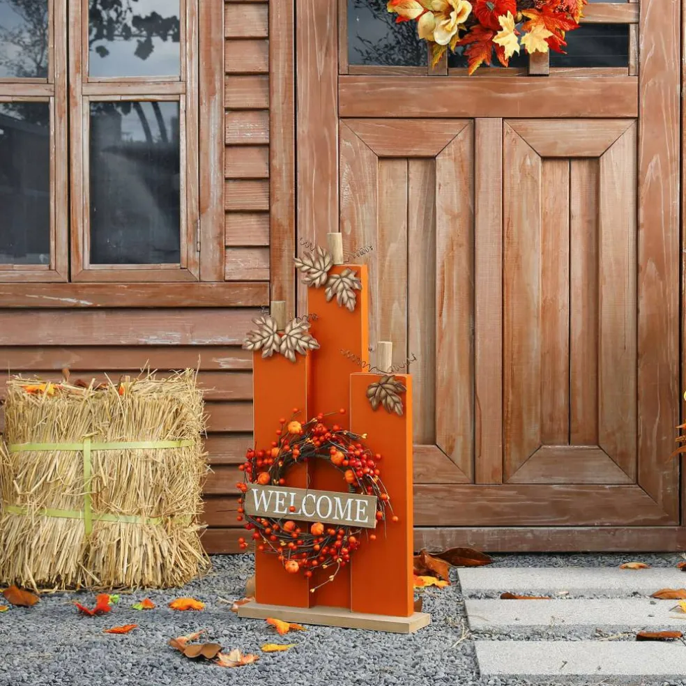 Glitzhome® 30" Fall Lighted Pumpkin & Wreath Décor with Timer