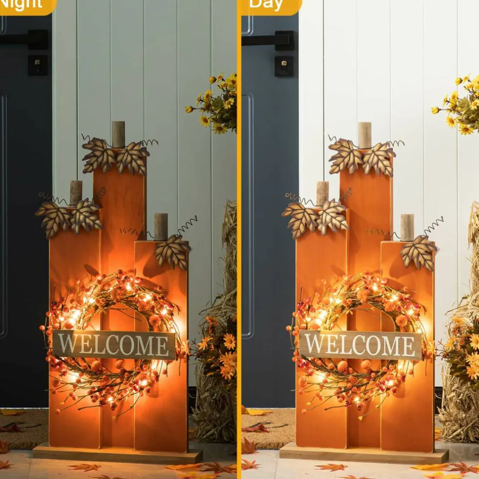 Glitzhome® 30" Fall Lighted Pumpkin & Wreath Décor with Timer